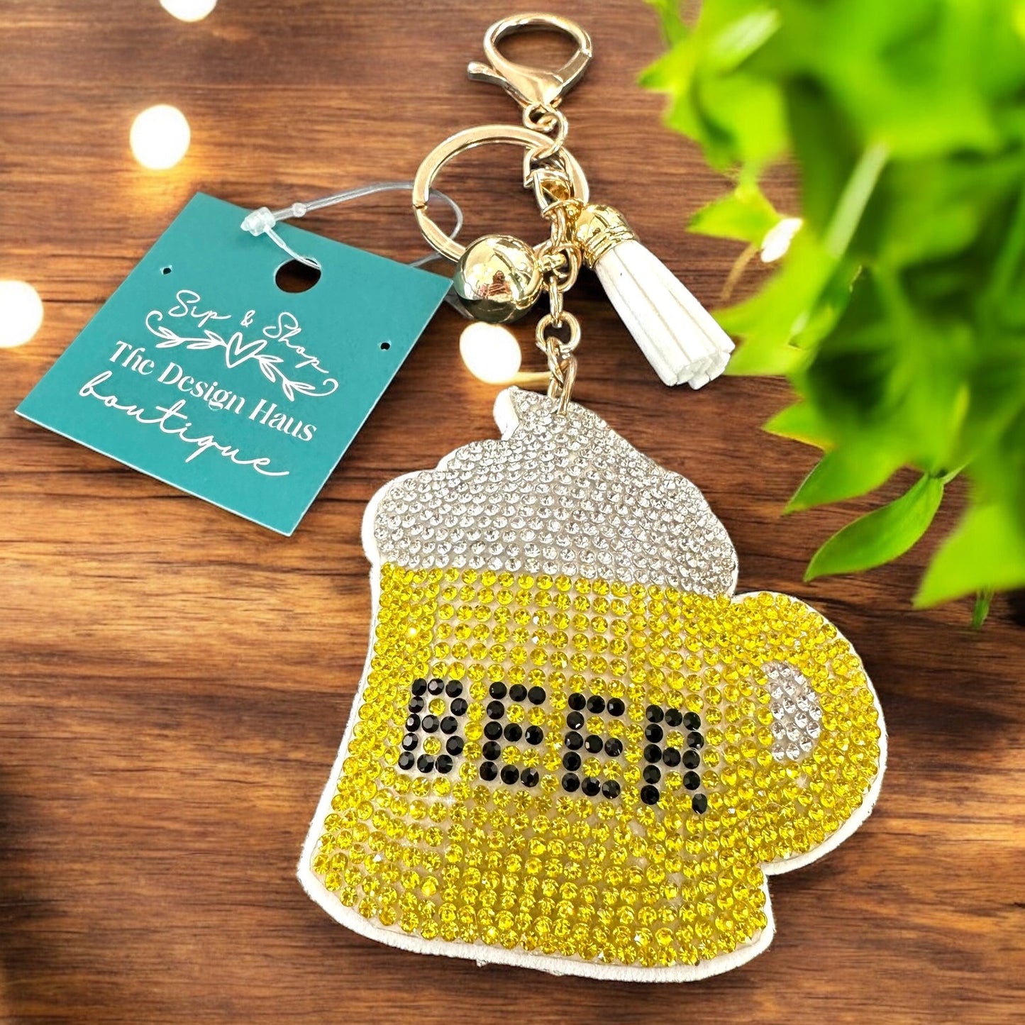Rhinestone Beer Keychain