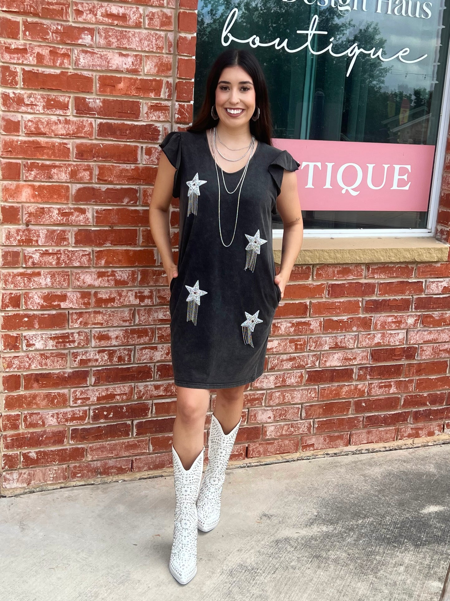 Acid Wash Rhinestone Star Dress with Pockets