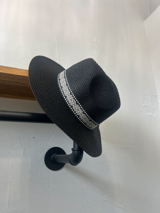 Black Straw Hat with White Tribal Band