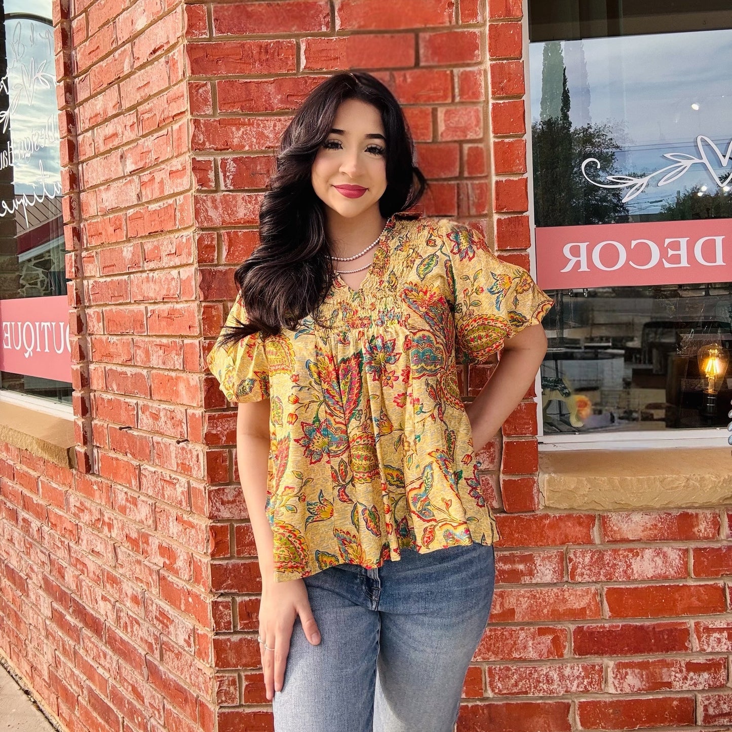 Floral & Honey Bell-Sleeve Blouse