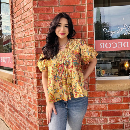 Floral & Honey Bell-Sleeve Blouse