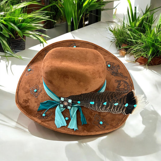 Brown & Turquoise Suede Flower Hat