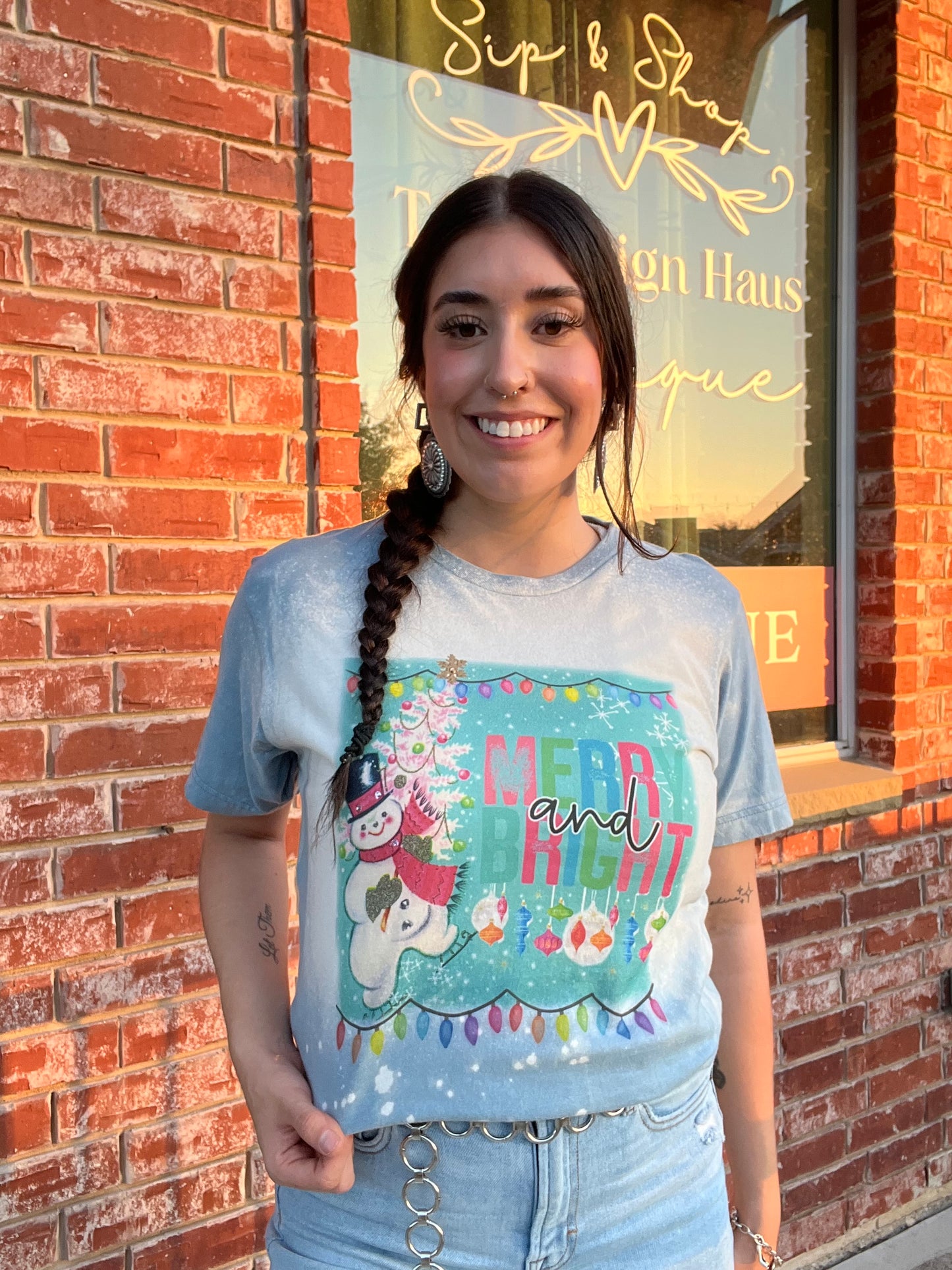 Merry and Bright Blue Bleached Tshirt