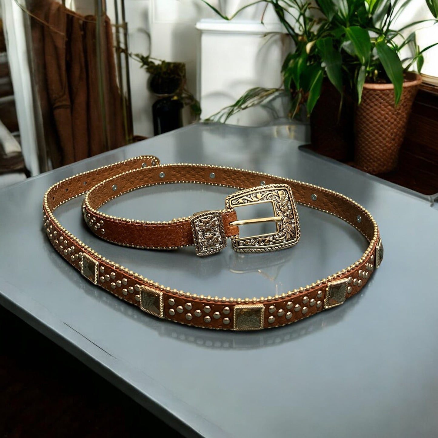 Gold Studded Camel Belt