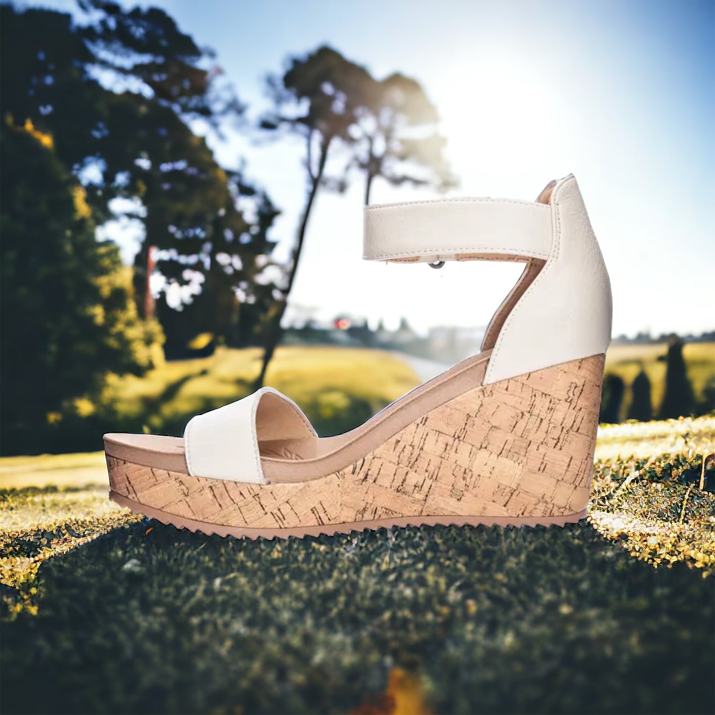 Kaya Patent White Cork Wedge Sandal