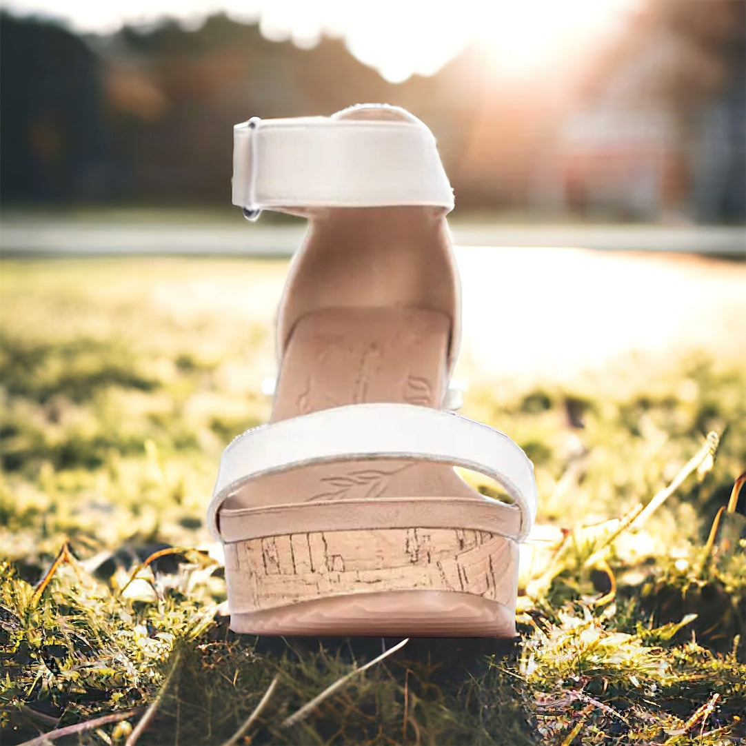 Kaya Patent White Cork Wedge Sandal