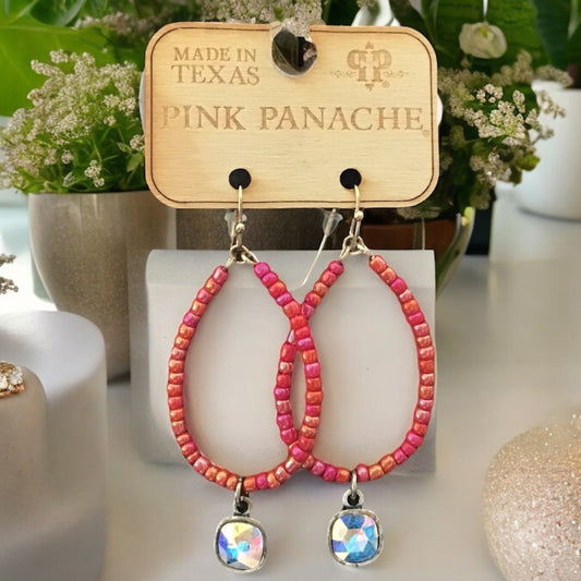 Red Beaded Teardrop Earrings with Multicolored Jewel