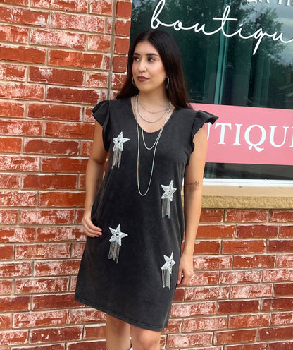 Acid Wash Rhinestone Star Dress with Pockets