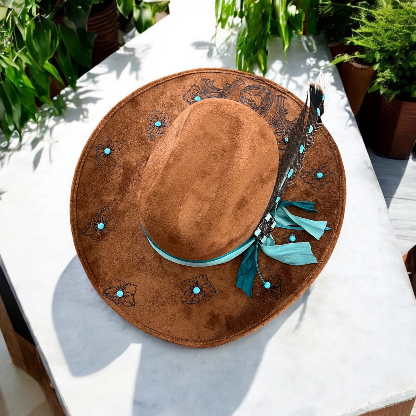 Brown & Turquoise Suede Flower Hat