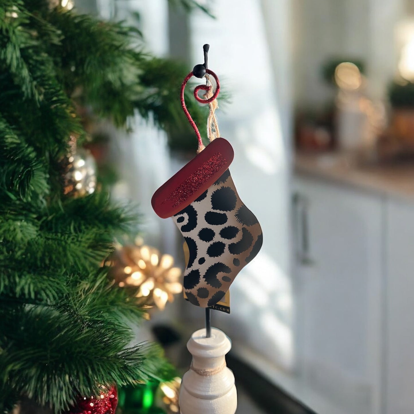 Red Glittery Cheetah Stocking Ornament