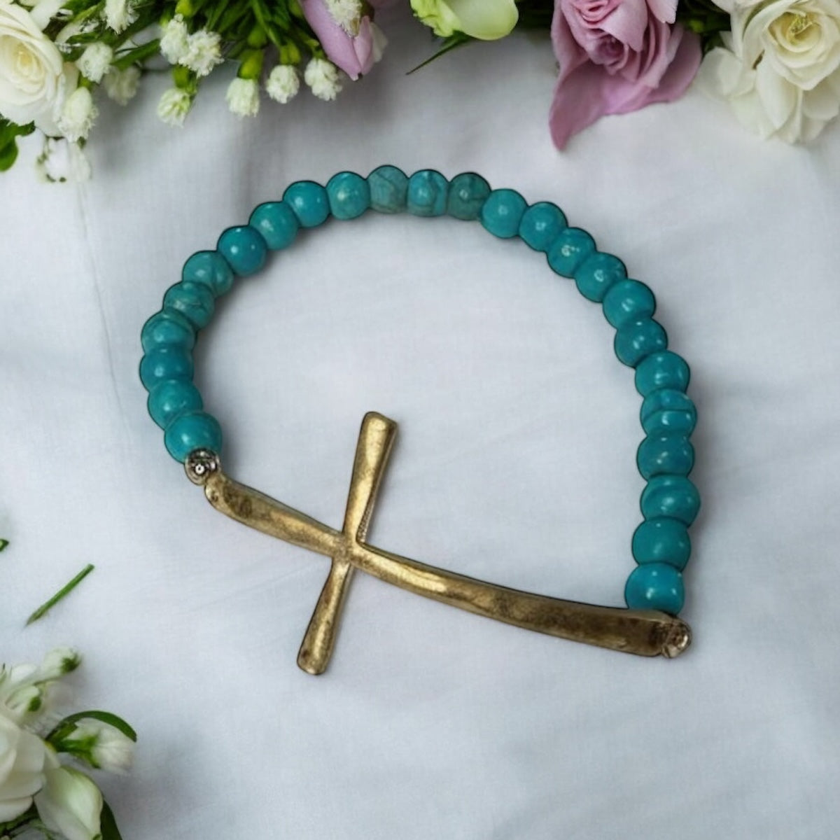 Metal Gold Cross Turquoise Stretch Bracelet