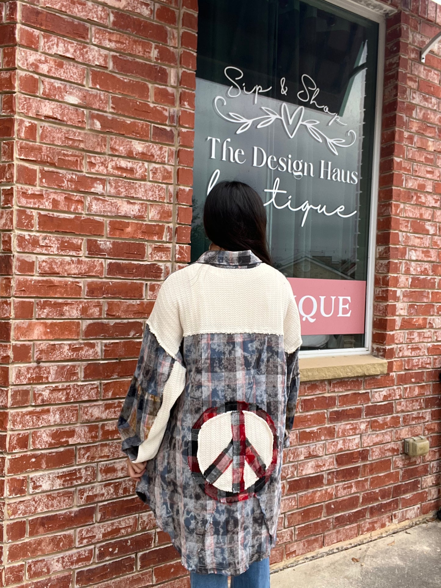 Woven Plaid Peace Sign Blue Mist Long Sleeve Flannel