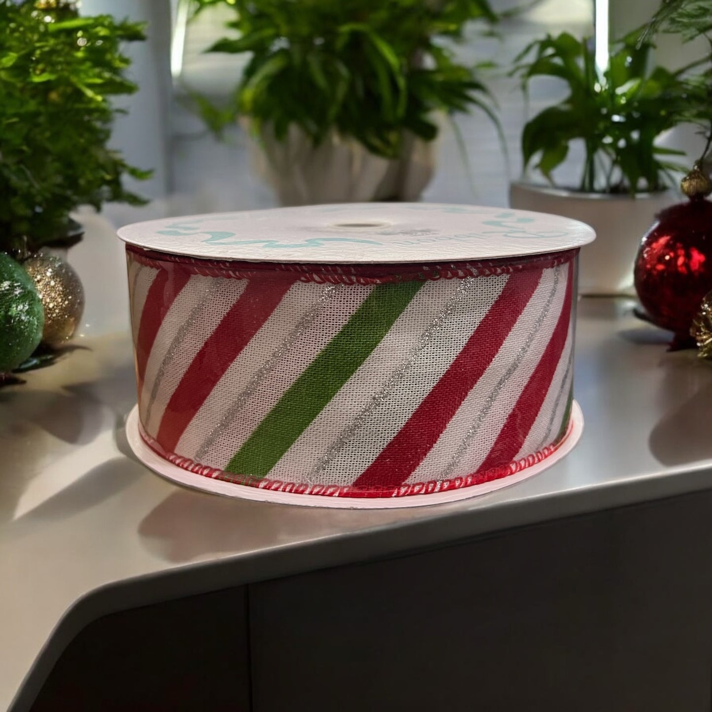 Red and Green Ribbon with Glitter Stripe