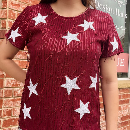 Crimson Sequin Star Top