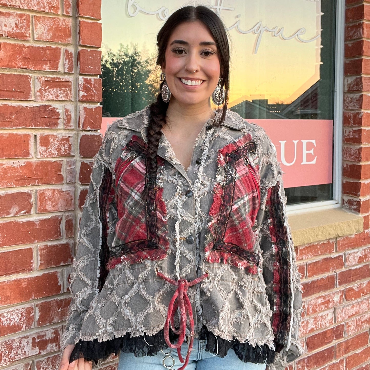 Black Denim & Plaid Ruffled Jacket