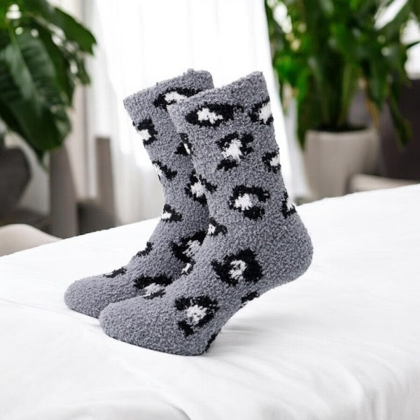 Grey and White Fuzzy Leopard Socks