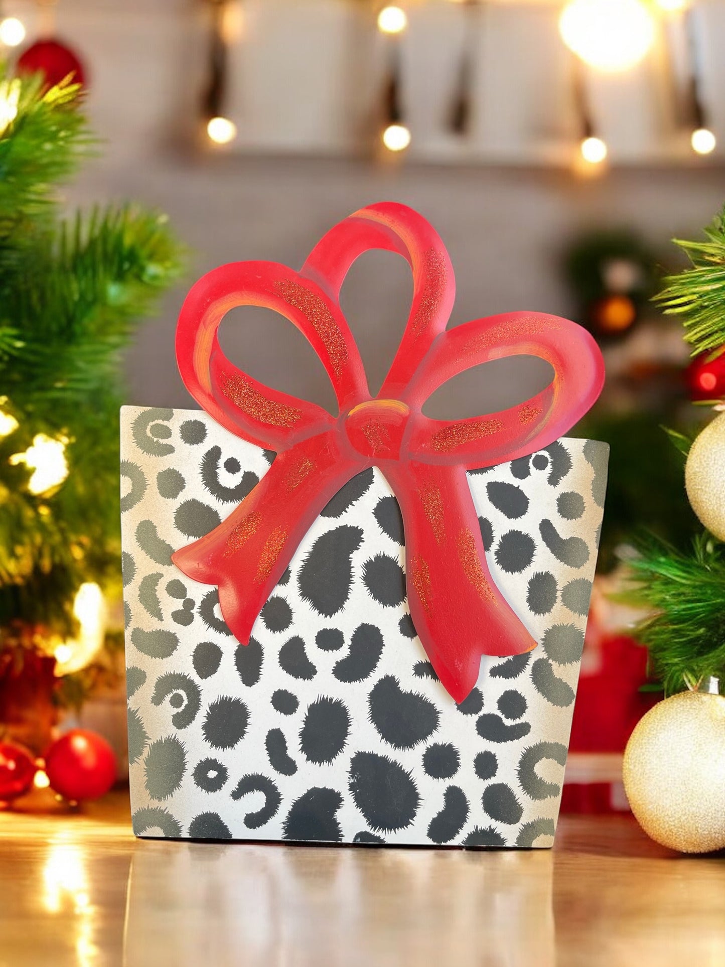 Round top red gift box yard/ door decor with cheetah bow