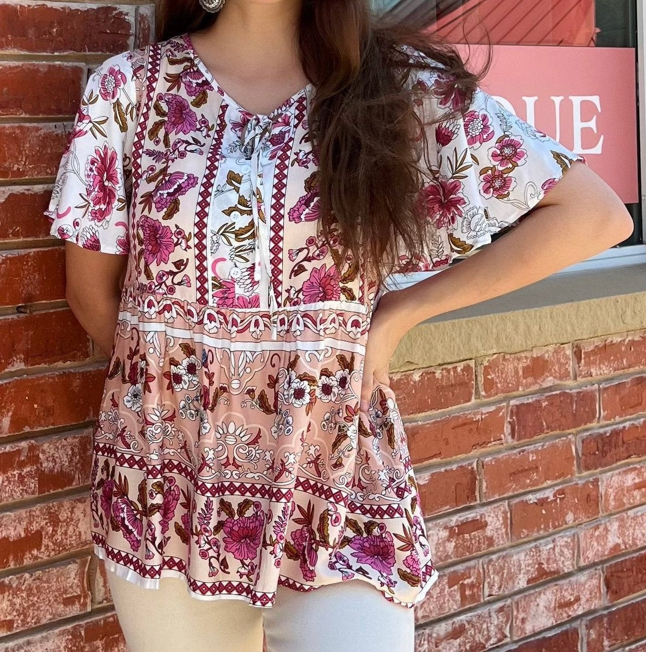 Boho Floral Print Short Sleeve Top