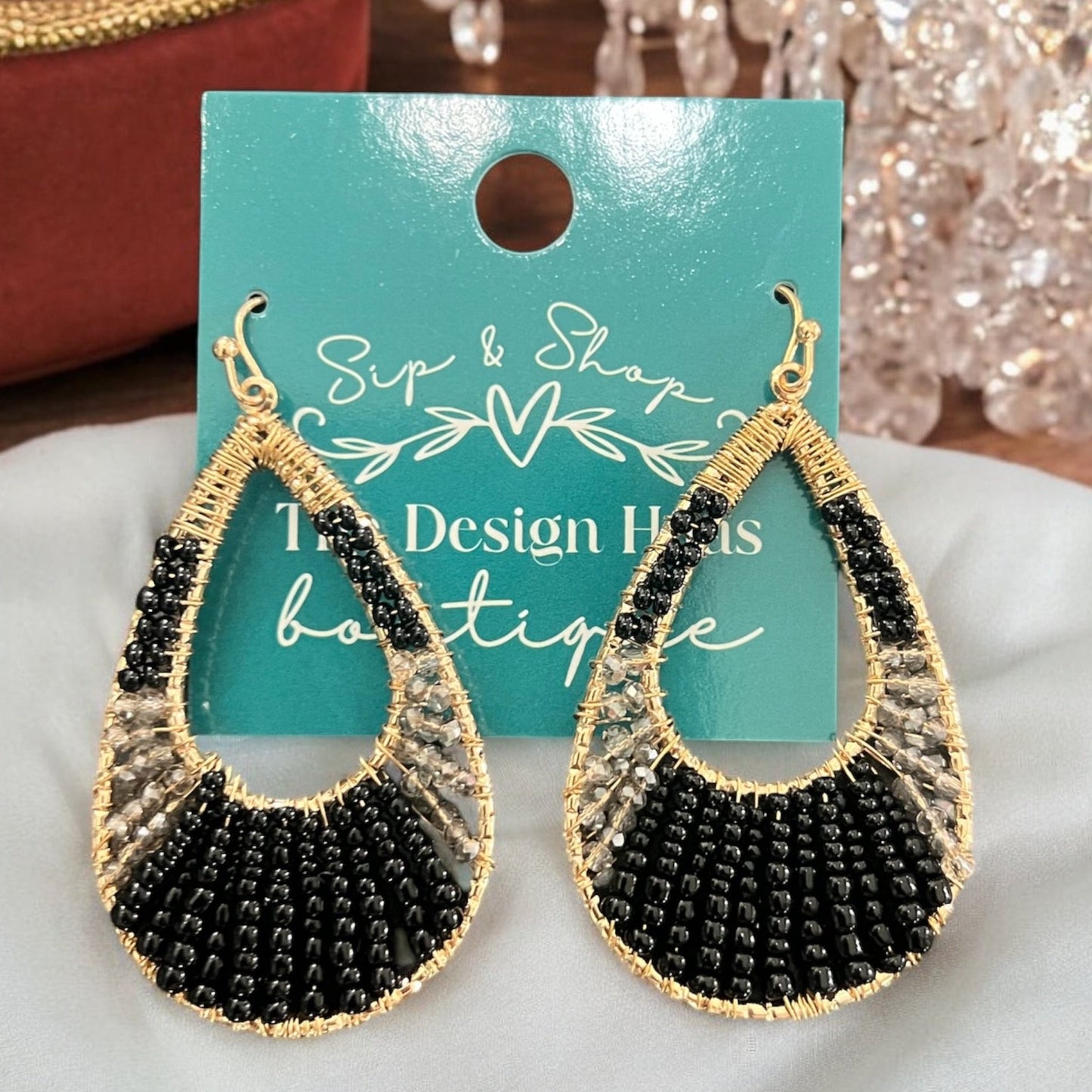 Black & Gold Beaded Teardrop Earrings