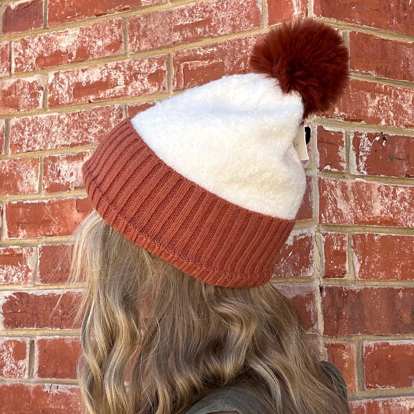 White & Rust Sherpa Beanie