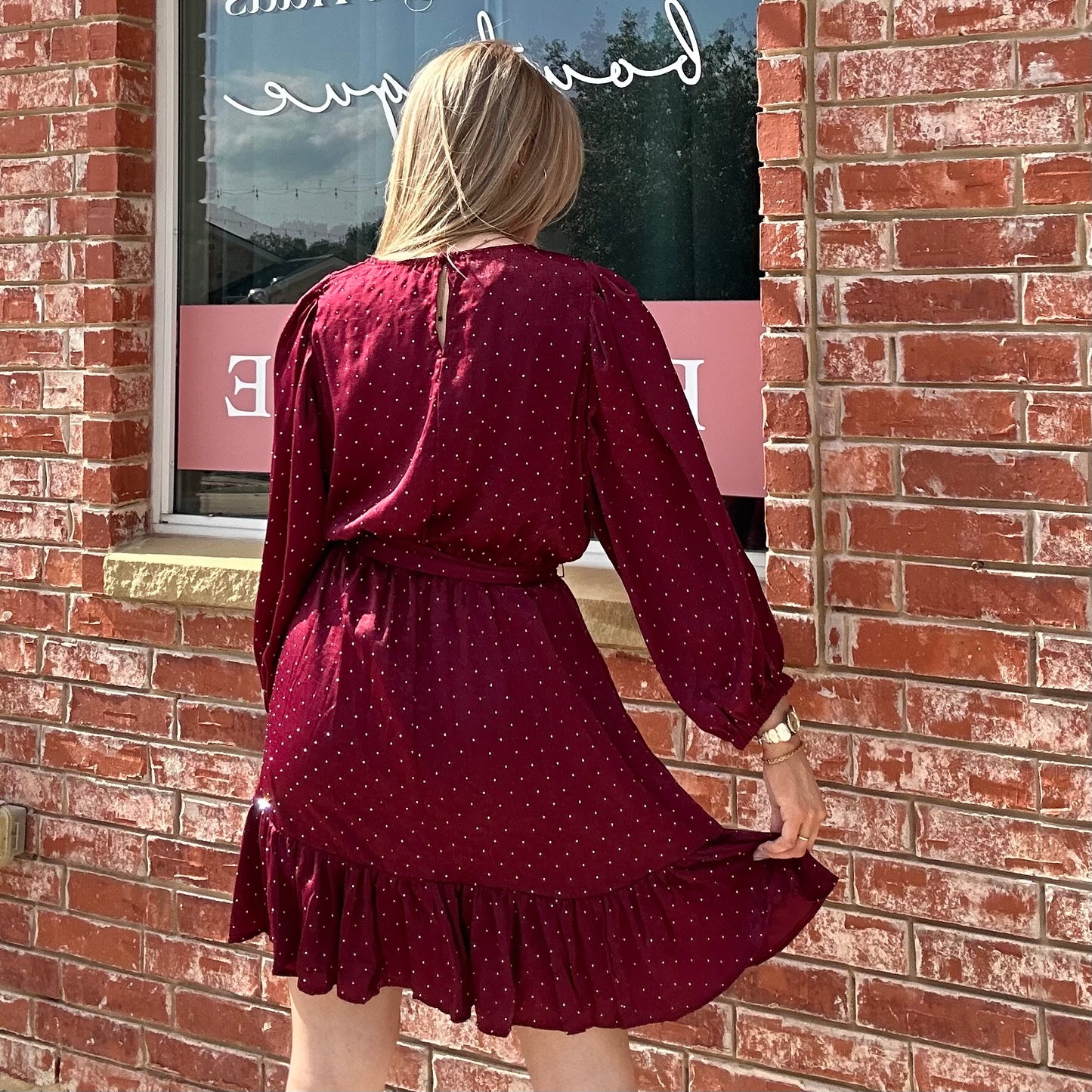 Rhinestone Wine Long Sleeve Dress