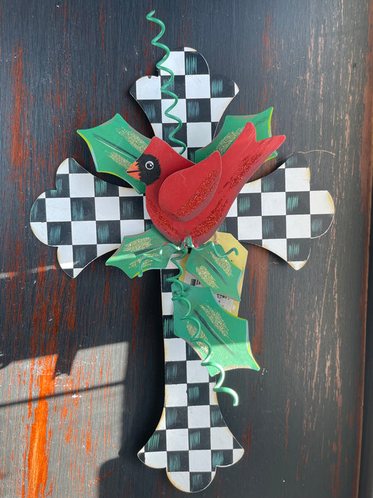 Round top checkered cross with cardinal & greenery