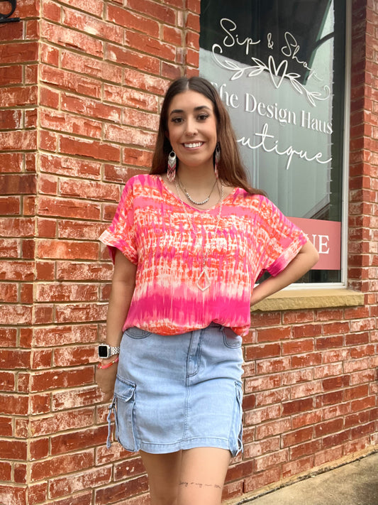 V-Neck Coral & Pink Woven Wool Dobby Print w/ rolled Short Sleeves Top