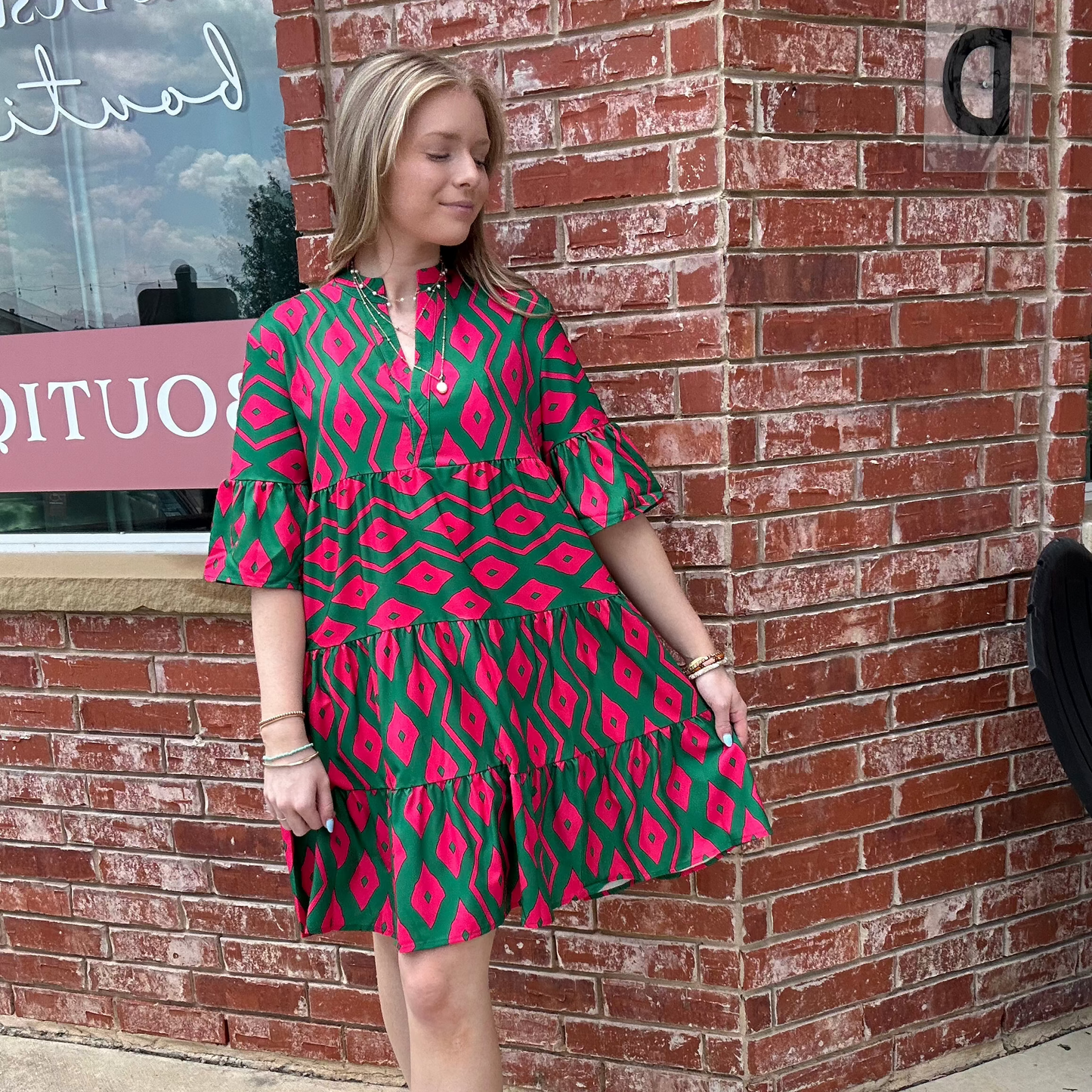 Green & Pink V Neck Dress