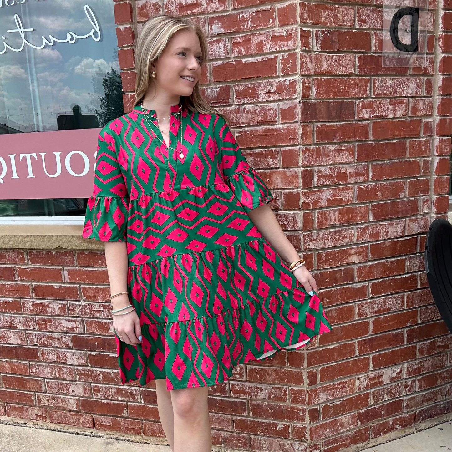 Green & Pink V Neck Dress