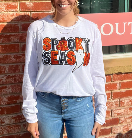 “Spooky Season” Sequin Decorative White Long Sleeve Top