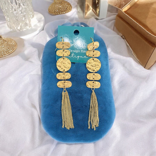 Gold Hammered Dangle Earrings with Tassels