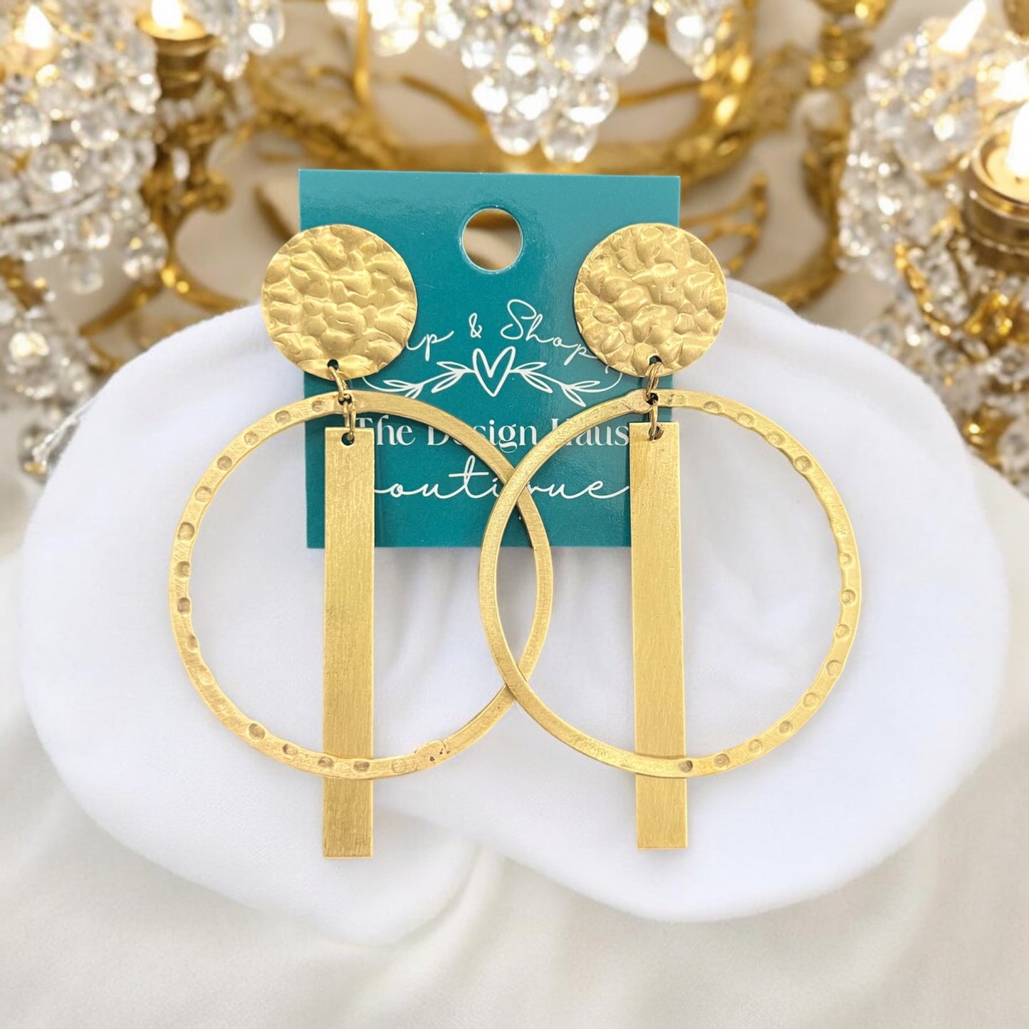 Gold Hammered Hoops with Gold Bar Accent Earrings