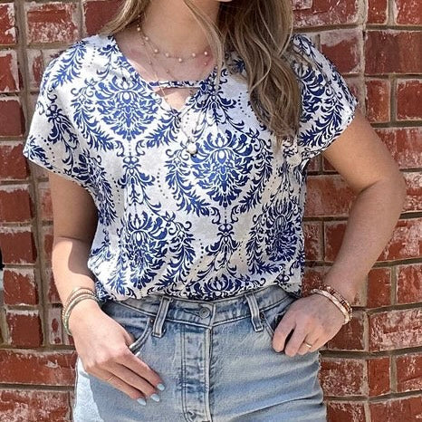 V-Neck Blue Patterned Top