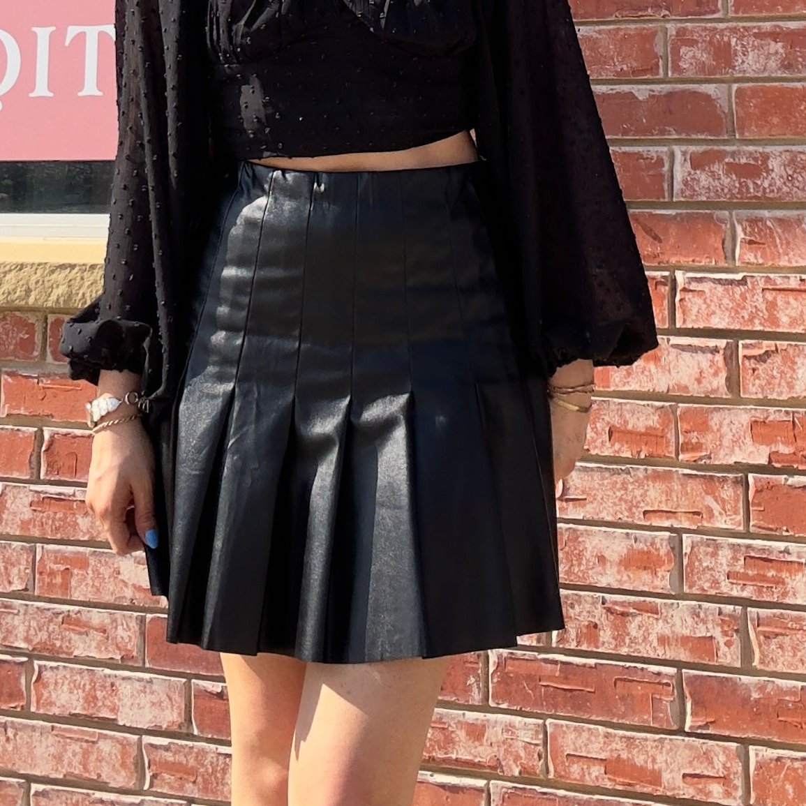 Black Pleated Faux Leather Skirt