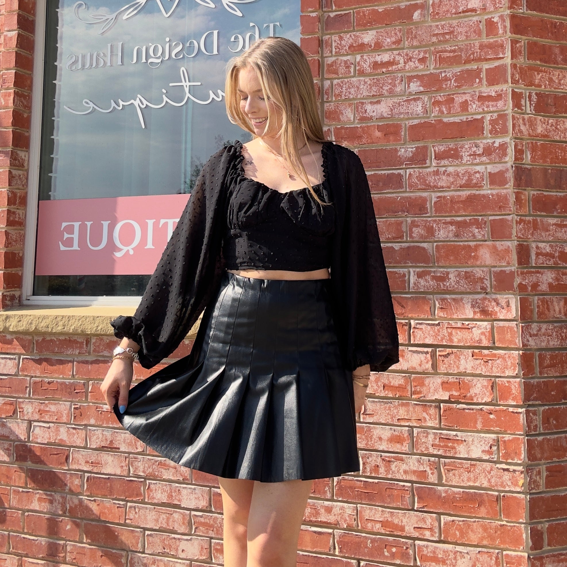 Black Pleated Faux Leather Skirt Design Haus Boutique