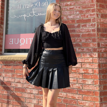 Black Pleated Faux Leather Skirt