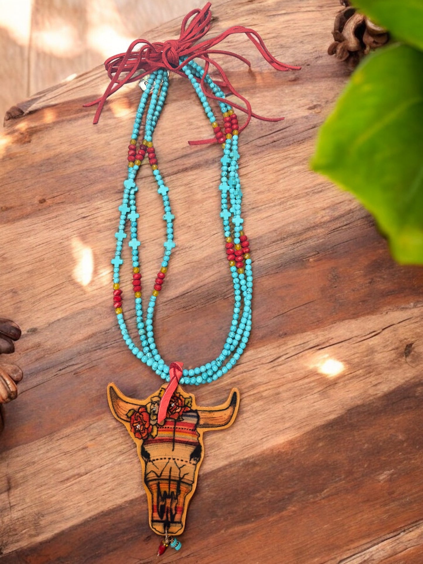 Beaded Leather Cow Skull Necklace