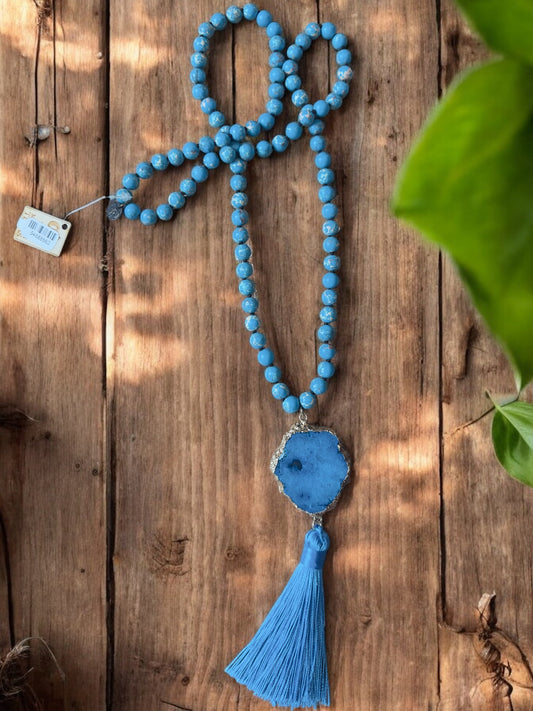 Beaded Turquoise Stone & Tassel Necklace