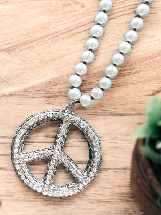 Pearl & Rhinestone Peace Sign Necklace