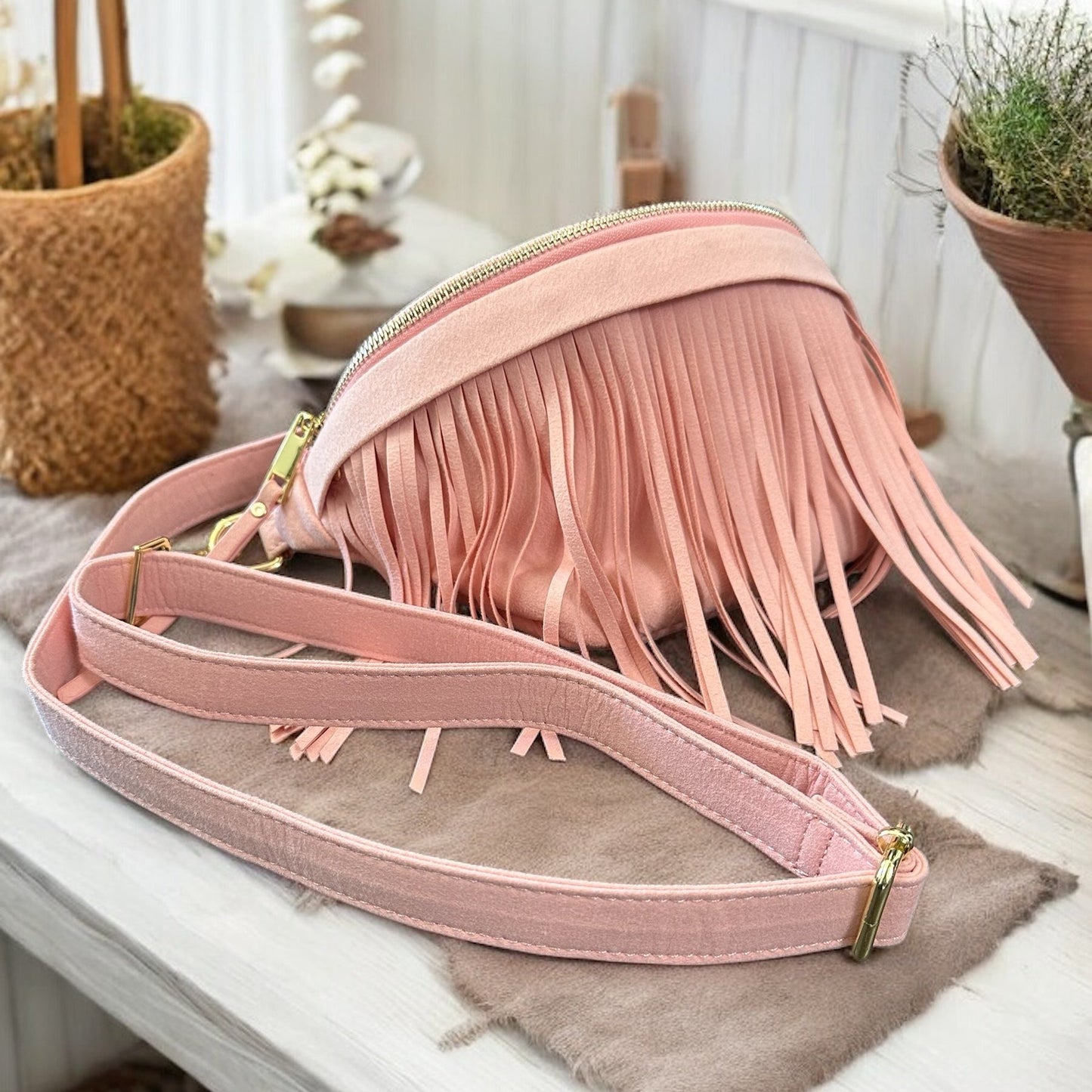 Pink Fringed Leather Crossbody