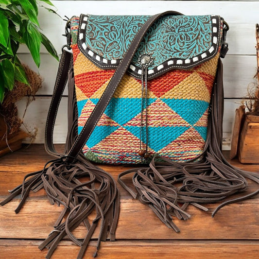 Multicolored Tooled Leather Canvas Bag