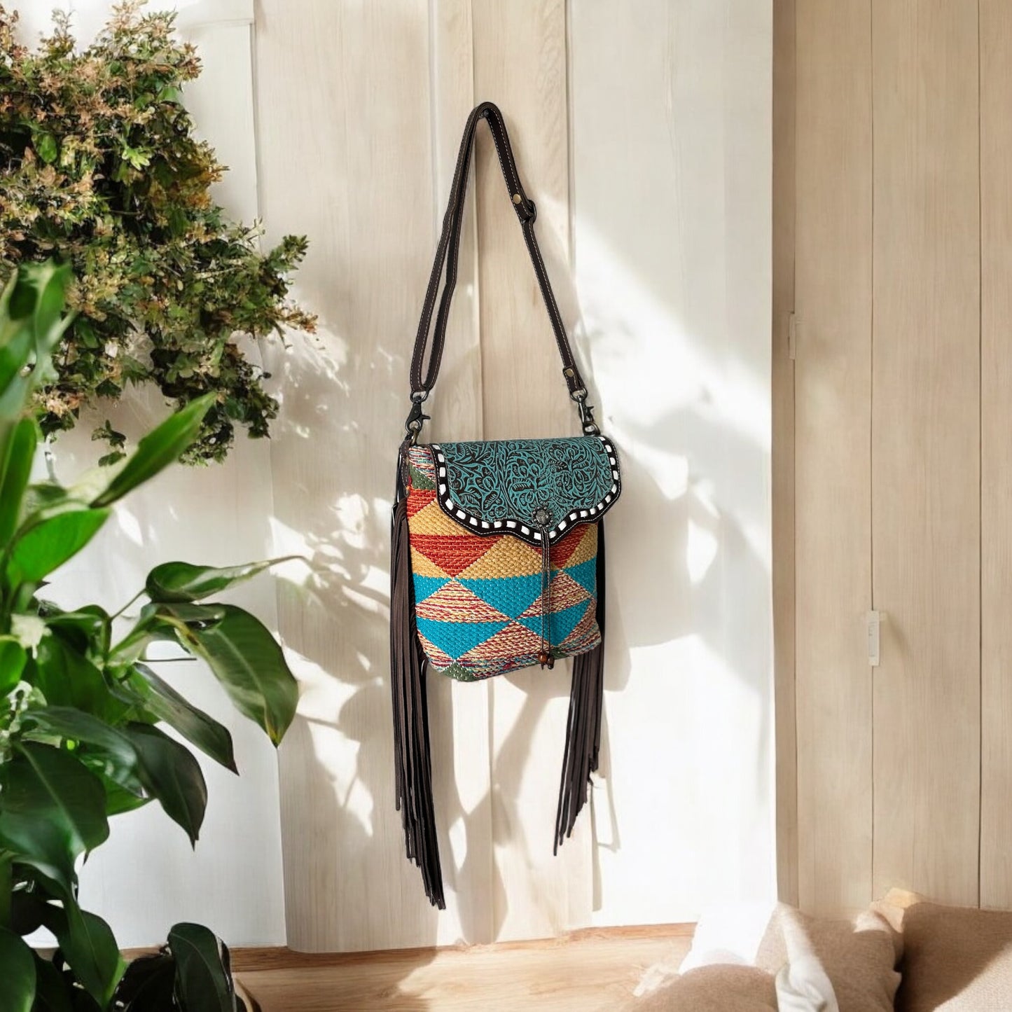 Multicolored Tooled Leather Canvas Bag