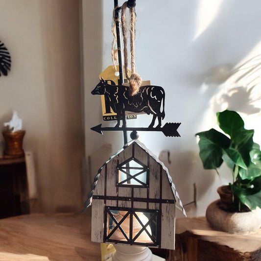 Wooden Barn & Cow Ornament