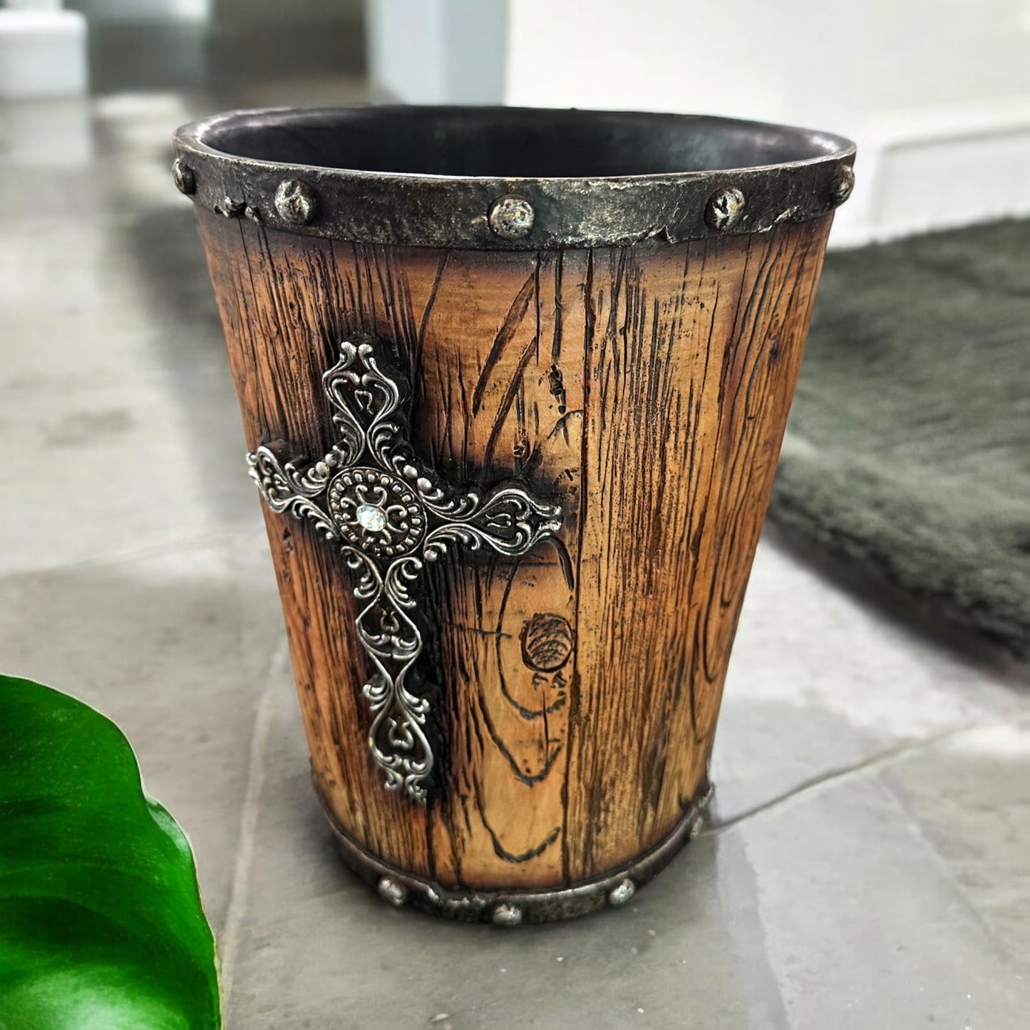 Rustic Cross Trash Bin