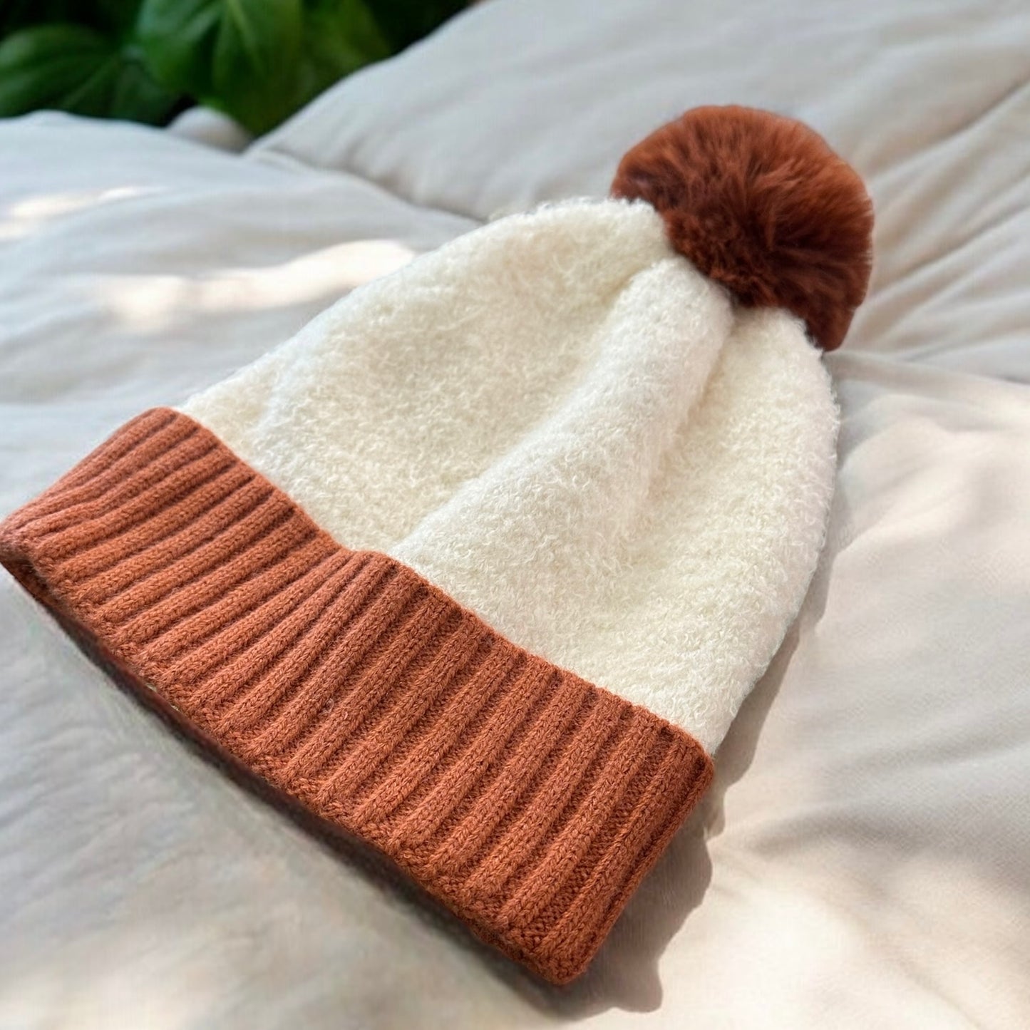 White & Rust Sherpa Beanie