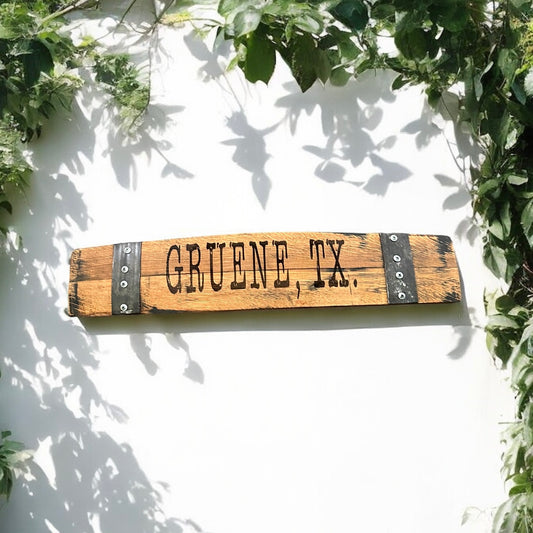 “Gruene, TX” Whiskey Barrel Sign