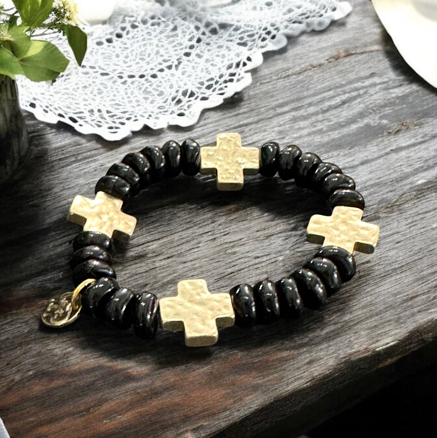 Gold & Black Cross Bracelet