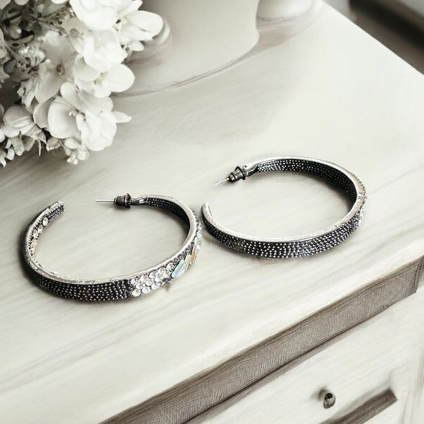 Gem Studded Gunmetal Hoops