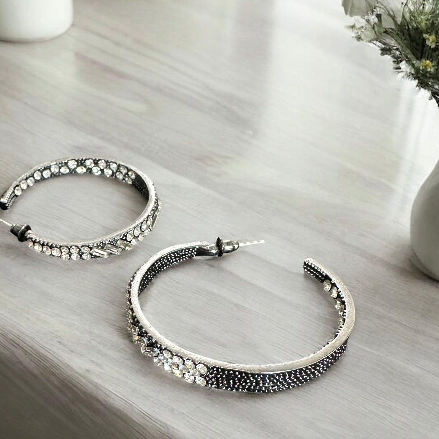 Gem Studded Gunmetal Hoops